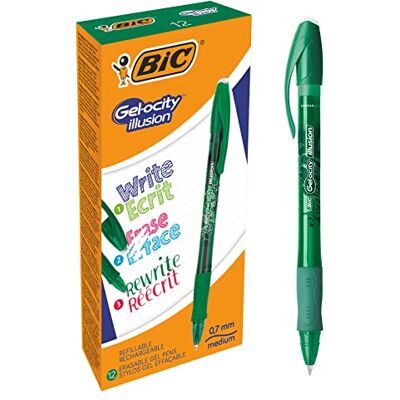 BIC Gel-ocity Illusion Stylos Gel Effaçables Pointe Moyenne (0,7 mm) Vert, Boîte de 12 - Publicité BIC Gel-ocity Illusion Stylos Gel Effaçables Pointe Moyenne (0,7 mm) Vert, Boîte de 12 - Publicité