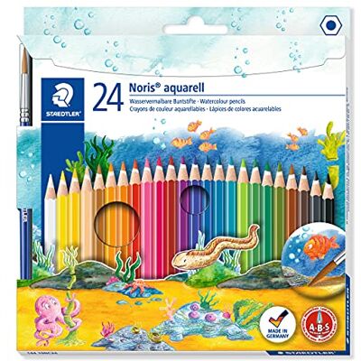 Staedtler Noris Aquarell, Crayons de couleur aquarellables avec système anti-casse, Utilisables à sec ou l'eau, Étui carton avec 24 crayons et 1 pinceau, 144 10NC24 - Publicité Staedtler Noris Aquarell, Crayons de couleur aquarellables avec système anti-casse, Utilisables à sec ou l'eau, Étui carton avec 24 crayons et 1 pinceau, 144 10NC24 - Publicité