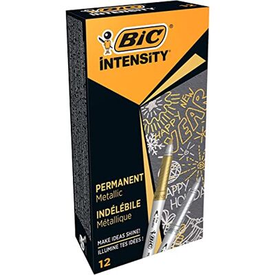 BIC Intensity Marqueur Métallique Indélébile Pointe Incurvée Fine et Corps Métallisé Couleurs métallisées Or et Argent, Boîte de 12 - Publicité BIC Intensity Marqueur Métallique Indélébile Pointe Incurvée Fine et Corps Métallisé Couleurs métallisées Or et Argent, Boîte de 12 - Publicité