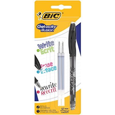 BIC Ecriture Gel-ocity Illusion Stylo Gel Effaçable Pointe Moyenne (0,7 mm) Noir, Blister de 1 + 2 Recharges - Publicité BIC Ecriture Gel-ocity Illusion Stylo Gel Effaçable Pointe Moyenne (0,7 mm) Noir, Blister de 1 + 2 Recharges - Publicité