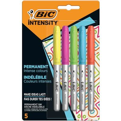 BIC Intensity Marqueur Indélébile Pointe Incurvée Fine et Corps Métallisé Couleurs assorties, Blister de 5 - Publicité BIC Intensity Marqueur Indélébile Pointe Incurvée Fine et Corps Métallisé Couleurs assorties, Blister de 5 - Publicité