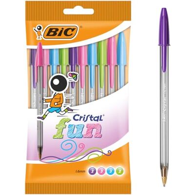 BIC Cristal Fun Stylos-Bille Pointe Large (1,6 mm) Écriture Large et Intense Couleurs Assorties, Pochette de 10 - Publicité BIC Cristal Fun Stylos-Bille Pointe Large (1,6 mm) Écriture Large et Intense Couleurs Assorties, Pochette de 10 - Publicité