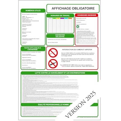 le chimiste Affichage OBLIGATOIRE pour toutes les entreprises dès le 1er salarié Toutes les informations obligatoires regroupées sur un seul panneau en format portrait Affichage format A4 plastifié, Matt. Publicité le chimiste Affichage OBLIGATOIRE pour toutes les entreprises dès le 1er salarié Toutes les informations obligatoires regroupées sur un seul panneau en format portrait Affichage format A4 plastifié, Matt. Publicité