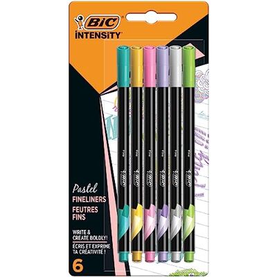 BIC Intensity Stylo Feutre d'écriture Pointe Fine et Corps Noir Verni Couleurs assorties pastel, Blister de 6 - Publicité BIC Intensity Stylo Feutre d'écriture Pointe Fine et Corps Noir Verni Couleurs assorties pastel, Blister de 6 - Publicité