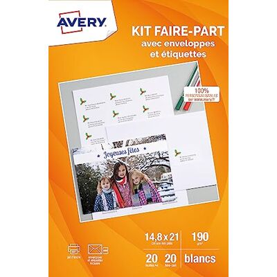 Avery Kit Faire-Parts composé de 20 cartes faire-part blanches A5 (190g/m²) + 20 enveloppes blanches + 21 étiquettes autocollante. Publicité Avery Kit Faire-Parts composé de 20 cartes faire-part blanches A5 (190g/m²) + 20 enveloppes blanches + 21 étiquettes autocollante. Publicité