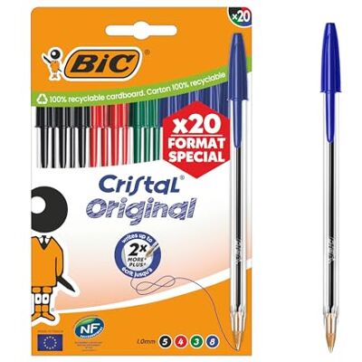 BIC Cristal Original Stylos-Bille Pointe Moyenne (1,0 mm) avec Capuchons et Embouts Assortis Couleurs Assorties, Pochette Format Spécial de 27 - Publicité BIC Cristal Original Stylos-Bille Pointe Moyenne (1,0 mm) avec Capuchons et Embouts Assortis Couleurs Assorties, Pochette Format Spécial de 27 - Publicité