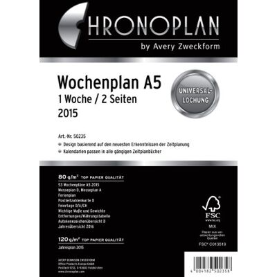 Avery Chronoplan kalendarium Semaine Plan, 2015, 1 pièce, blanc 1 semaine/2 pages (colonnes) a5 - Publicité Avery Chronoplan kalendarium Semaine Plan, 2015, 1 pièce, blanc 1 semaine/2 pages (colonnes) a5 - Publicité