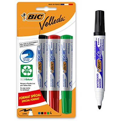BIC Velleda 1701 ECOlutions Feutres pour Tableau Blanc Effaçables à Sec à Pointe Conique Moyenne Couleurs Assorties, Blister Format Spécial de 4 - Publicité BIC Velleda 1701 ECOlutions Feutres pour Tableau Blanc Effaçables à Sec à Pointe Conique Moyenne Couleurs Assorties, Blister Format Spécial de 4 - Publicité