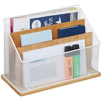 Relaxdays Porte-Documents 3 Compartiments, H x L x P : 20x29x14cm, métal-Bambou, Range-dossiers Non-Fixe, Nature Blanc - Publicité Relaxdays Porte-Documents 3 Compartiments, H x L x P : 20x29x14cm, métal-Bambou, Range-dossiers Non-Fixe, Nature Blanc - Publicité
