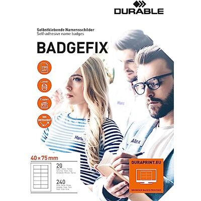 Durable 833402 Badgefix Badge Tissu Adhésif en Soie Acétate Format 40 x 75 mm Planches Imprimables Format A4 Boîte de 20 Planches/240 Badges - Publicité Durable 833402 Badgefix Badge Tissu Adhésif en Soie Acétate Format 40 x 75 mm Planches Imprimables Format A4 Boîte de 20 Planches/240 Badges - Publicité