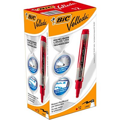 BIC Velleda Feutres pour Tableau Blanc Effaçables à Sec Pointe Conique Large Rouge, Boîte de 12 - Publicité BIC Velleda Feutres pour Tableau Blanc Effaçables à Sec Pointe Conique Large Rouge, Boîte de 12 - Publicité