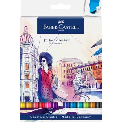 Faber-Castell Marqueurs Goldfaber Aqua Dual, 12 couleurs Marqueurs doubles diluables à l'eau avec pointe pinceau et pointe fine pour l'aquarelle et le lettrage - Publicité Faber-Castell Marqueurs Goldfaber Aqua Dual, 12 couleurs Marqueurs doubles diluables à l'eau avec pointe pinceau et pointe fine pour l'aquarelle et le lettrage - Publicité