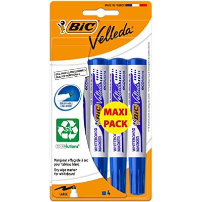 BIC Velleda 1701 ECOlutions Feutres pour Tableau Blanc Effaçables à Sec à Pointe Conique Moyenne Bleu, Blister de 4 - Publicité BIC Velleda 1701 ECOlutions Feutres pour Tableau Blanc Effaçables à Sec à Pointe Conique Moyenne Bleu, Blister de 4 - Publicité