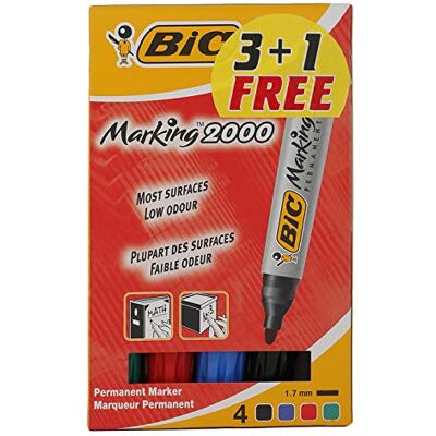 BIC Marking 2000 ECOlutions Marqueurs Permanents à Pointe Conique Moyenne Couleurs Assorties, Blister Format Spécial de 4 - Publicité BIC Marking 2000 ECOlutions Marqueurs Permanents à Pointe Conique Moyenne Couleurs Assorties, Blister Format Spécial de 4 - Publicité