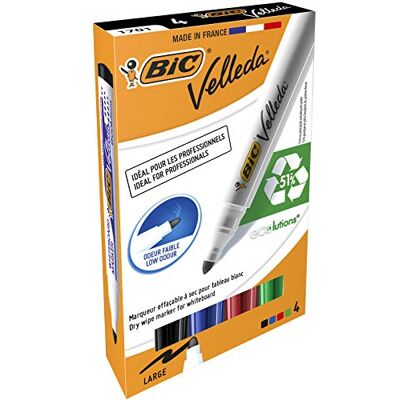 BIC Velleda 1701 ECOlutions Feutres pour Tableau Blanc Effaçables à Sec à Pointe Conique Moyenne Couleurs Assorties, Etui Carton de 4 - Publicité BIC Velleda 1701 ECOlutions Feutres pour Tableau Blanc Effaçables à Sec à Pointe Conique Moyenne Couleurs Assorties, Etui Carton de 4 - Publicité