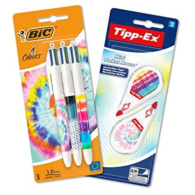 BIC Set de bureau Tye Die, Avec 3 Stylos 4 Couleurs à Pointe Moyenne (1 mm) et 1 Set de 2 Souris Correctrices Blanches, 3 Stylos et 2 Souris - Publicité BIC Set de bureau Tye Die, Avec 3 Stylos 4 Couleurs à Pointe Moyenne (1 mm) et 1 Set de 2 Souris Correctrices Blanches, 3 Stylos et 2 Souris - Publicité