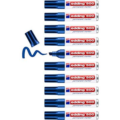 Edding 500 Marqueur permanent bleu 10 stylos pointe biseautée 2-7 mm sèche vite, résiste à l'eau et aux frottements pour carton, plastique, bois, métal, verre - Publicité Edding 500 Marqueur permanent bleu 10 stylos pointe biseautée 2-7 mm sèche vite, résiste à l'eau et aux frottements pour carton, plastique, bois, métal, verre - Publicité