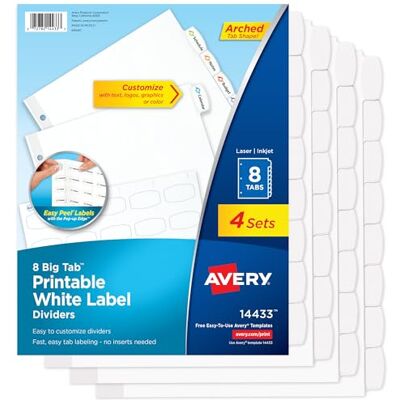 Avery Big Tab 14433 Lot de 4 intercalaires imprimables avec étiquette blanche facile à décoller - Publicité Avery Big Tab 14433 Lot de 4 intercalaires imprimables avec étiquette blanche facile à décoller - Publicité
