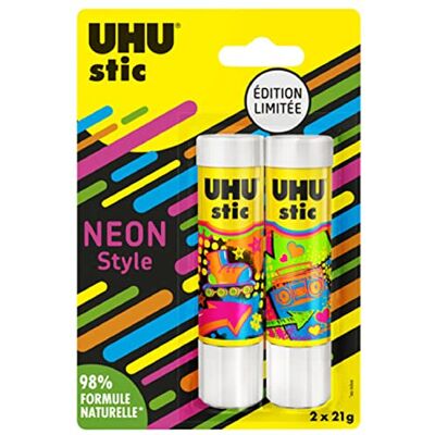 UHU Stic Bâtons de colle sans solvants, édition Limitée Néon, blanche, lot 2 stics de 21g - Publicité UHU Stic Bâtons de colle sans solvants, édition Limitée Néon, blanche, lot 2 stics de 21g - Publicité