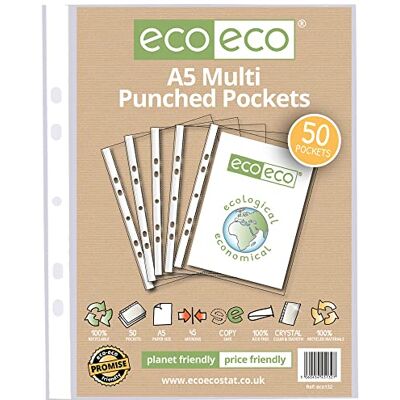 eco-eco Eco132 Protège-feuilles A5 100% recyclé avec poches perforées en verre transparent 45 microns (50 pochettes) - Publicité eco-eco Eco132 Protège-feuilles A5 100% recyclé avec poches perforées en verre transparent 45 microns (50 pochettes) - Publicité