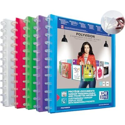 Oxford 1 Protège‐Documents Variozip Polyvision A4 40 vues / 20 pochettes amovibles Couverture Polypro Coloris Assortis - Publicité Oxford 1 Protège‐Documents Variozip Polyvision A4 40 vues / 20 pochettes amovibles Couverture Polypro Coloris Assortis - Publicité