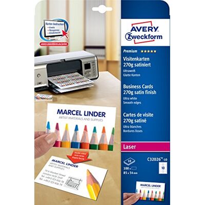 Avery Paquet de 10 feuilles A4 270 g/m² pour 100 cartes de visite Quick&Clean pour imprimante laser 85 x 54 mm (Blanc satiné) (Import Allemagne) - Publicité Avery Paquet de 10 feuilles A4 270 g/m² pour 100 cartes de visite Quick&Clean pour imprimante laser 85 x 54 mm (Blanc satiné) (Import Allemagne) - Publicité