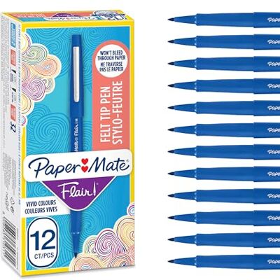 Paper Mate Flair Stylos feutres Feutres de coloriage sans fuite à pointe moyenne (0,7 mm) Encre bleue Idéal pour écrirescrapbookingdessineretc. Boîte de 12 - Publicité Paper Mate Flair Stylos feutres Feutres de coloriage sans fuite à pointe moyenne (0,7 mm) Encre bleue Idéal pour écrirescrapbookingdessineretc. Boîte de 12 - Publicité