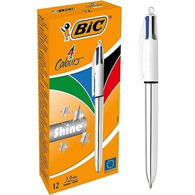 BIC 4 Couleurs Shine Stylos-Bille Rétractables Pointe Moyenne (1,0 mm) Corps Argenté Métallisé, Boîte de 12 - Publicité BIC 4 Couleurs Shine Stylos-Bille Rétractables Pointe Moyenne (1,0 mm) Corps Argenté Métallisé, Boîte de 12 - Publicité