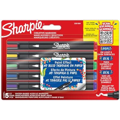 Sharpie Feutres acrylique Pointe pinceau Feutres de coloriage adulte idéal pour coloriage mystèredessineretc. Encre anti-bavures à base d’eau Couleurs assorties Lot de 5 - Publicité Sharpie Feutres acrylique Pointe pinceau Feutres de coloriage adulte idéal pour coloriage mystèredessineretc. Encre anti-bavures à base d’eau Couleurs assorties Lot de 5 - Publicité