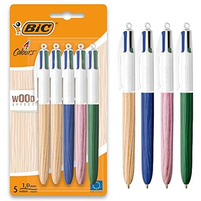 BIC 4 Couleurs Wood Effect, Stylo 4 Couleurs, Encre Bleue, Noire, Rouge et Verte, Effet Bois, Pointe Moyenne (1 mm), Lot de 5 - Publicité BIC 4 Couleurs Wood Effect, Stylo 4 Couleurs, Encre Bleue, Noire, Rouge et Verte, Effet Bois, Pointe Moyenne (1 mm), Lot de 5 - Publicité