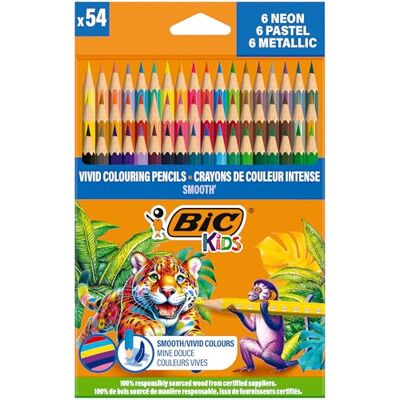 BIC Kids Smooth Crayons de couleur fabriqués avec 100% de bois sourcé de manière responsable Couleurs standard, métallique, pastel et néon assorties, Pack de 54 - Publicité BIC Kids Smooth Crayons de couleur fabriqués avec 100% de bois sourcé de manière responsable Couleurs standard, métallique, pastel et néon assorties, Pack de 54 - Publicité