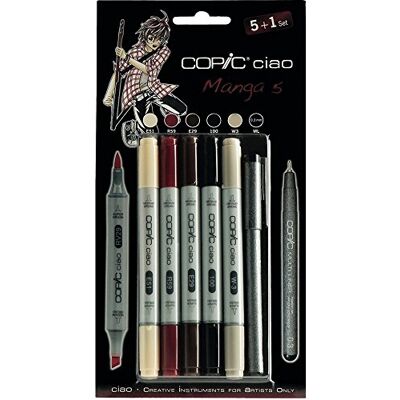 COPIC Ciao 5+1 Set « Manga 5 », 5 Twin Marker avec une pointe moyenne et une pointe Brush, incl. Multiliner Black 0,3 mm - Publicité COPIC Ciao 5+1 Set « Manga 5 », 5 Twin Marker avec une pointe moyenne et une pointe Brush, incl. Multiliner Black 0,3 mm - Publicité