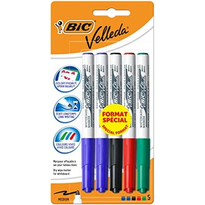 BIC Velleda 1741 Feutres pour Tableau Blanc Effaçables à Sec, Pointe Conique Moyenne Couleurs Assorties, Blister Format Spécial de 5 - Publicité BIC Velleda 1741 Feutres pour Tableau Blanc Effaçables à Sec, Pointe Conique Moyenne Couleurs Assorties, Blister Format Spécial de 5 - Publicité