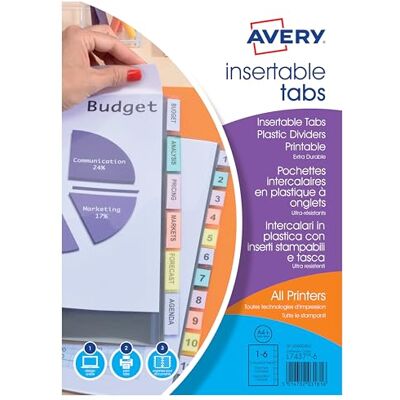 Avery Pochettes intercalaires à onglets personnalisables et imprimables, 6 touches, Format A4+ (permet de classer des pochettes perforées), En polypropylène coloré translucide - Publicité Avery Pochettes intercalaires à onglets personnalisables et imprimables, 6 touches, Format A4+ (permet de classer des pochettes perforées), En polypropylène coloré translucide - Publicité
