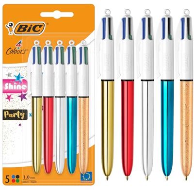 BIC 4 Couleurs Shine et Party Rétractables à Pointe Moyenne (1,0 mm) en argenté, doré, rouge, bleu et doré givré métallisés Lot de 5 - Publicité BIC 4 Couleurs Shine et Party Rétractables à Pointe Moyenne (1,0 mm) en argenté, doré, rouge, bleu et doré givré métallisés Lot de 5 - Publicité