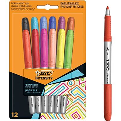 BIC Intensity Marqueur Indélébile Pointe Incurvée Fine et Corps Métallisé, Couleurs assorties, Blister de 12 - Publicité BIC Intensity Marqueur Indélébile Pointe Incurvée Fine et Corps Métallisé, Couleurs assorties, Blister de 12 - Publicité