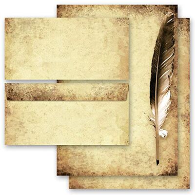 Paper-Media Set complet de 20 pièces Antique & Histoire, PLUME D?OIE SUR VIEUX PAPIER 10 feuilles de papier à lettres et 10 enveloppes DIN LONG sans fenêtre - Publicité Paper-Media Set complet de 20 pièces Antique & Histoire, PLUME D?OIE SUR VIEUX PAPIER 10 feuilles de papier à lettres et 10 enveloppes DIN LONG sans fenêtre - Publicité