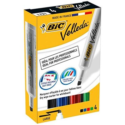 BIC Velleda 1791 Feutres pour Tableau Blanc Effaçables à Sec Pointe Large Biseautée Couleurs Assorties, Etui Carton de 4 - Publicité BIC Velleda 1791 Feutres pour Tableau Blanc Effaçables à Sec Pointe Large Biseautée Couleurs Assorties, Etui Carton de 4 - Publicité