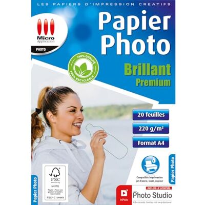 Micro Application Papier Photo Brillant Premium 220 g/m² 20 feuilles Format A4-100% recyclable Sans polyéthylène Emballage Zéro plastique - Publicité Micro Application Papier Photo Brillant Premium 220 g/m² 20 feuilles Format A4-100% recyclable Sans polyéthylène Emballage Zéro plastique - Publicité