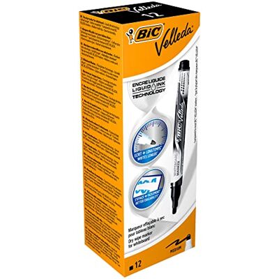 BIC Velleda Feutres pour Tableau Blanc Effaçables à Sec Pointe Conique Large Noir, Boîte de 12 - Publicité BIC Velleda Feutres pour Tableau Blanc Effaçables à Sec Pointe Conique Large Noir, Boîte de 12 - Publicité