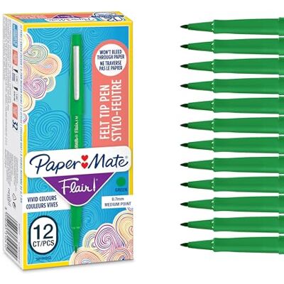 Paper Mate Flair Stylos feutres Feutres de coloriage sans fuite à pointe moyenne (0,7 mm) encre verte Idéal pour écrirescrapbookingdessineretc. Boîte de 12 - Publicité Paper Mate Flair Stylos feutres Feutres de coloriage sans fuite à pointe moyenne (0,7 mm) encre verte Idéal pour écrirescrapbookingdessineretc. Boîte de 12 - Publicité