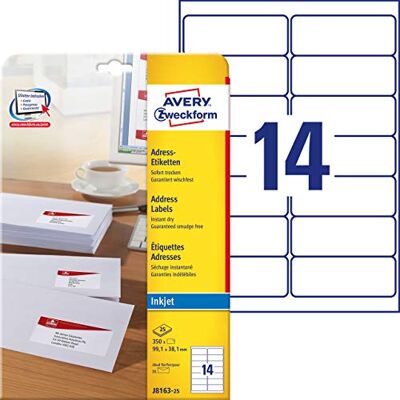 Avery J8163-25 Lot de 25 feuilles à étiquettes d'adresse pour enveloppes DIN 99,1 x 38,1 mm (Import Allemagne) - Publicité Avery J8163-25 Lot de 25 feuilles à étiquettes d'adresse pour enveloppes DIN 99,1 x 38,1 mm (Import Allemagne) - Publicité
