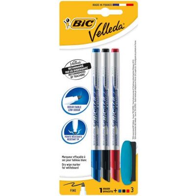 BIC Velleda 1721 Fin Blister de 3 Feutres Effaçable à sec + Effacette Noir/Bleu/Rouge - Publicité BIC Velleda 1721 Fin Blister de 3 Feutres Effaçable à sec + Effacette Noir/Bleu/Rouge - Publicité