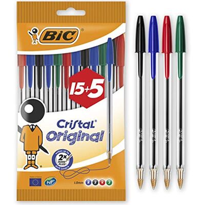BIC Cristal Original Stylos-Bille Couleurs Assorties, Pochette de 15+5 - Publicité BIC Cristal Original Stylos-Bille Couleurs Assorties, Pochette de 15+5 - Publicité