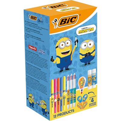BIC Minions Kit de Papeterie Édition Limitée 4 Couleurs Stylos-Bille Pointe Moyenne (1,0 mm)/Surligneurs Pointe Biseautée/Souris Correctrice 6 m/Bâtons de Colle/Autocollants Boîte de 12 - Publicité BIC Minions Kit de Papeterie Édition Limitée 4 Couleurs Stylos-Bille Pointe Moyenne (1,0 mm)/Surligneurs Pointe Biseautée/Souris Correctrice 6 m/Bâtons de Colle/Autocollants Boîte de 12 - Publicité