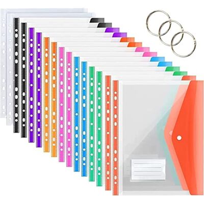 KAHEIGN 16 Pièces Poches Perforées Extensibles, 8 Couleurs A4 Portefeuilles en Plastique Fichier de Documents Dossiers Popper Classeur à Anneaux A4 avec Bouton Pression, Poche pour Étiquette et Anneau - Publicité KAHEIGN 16 Pièces Poches Perforées Extensibles, 8 Couleurs A4 Portefeuilles en Plastique Fichier de Documents Dossiers Popper Classeur à Anneaux A4 avec Bouton Pression, Poche pour Étiquette et Anneau - Publicité
