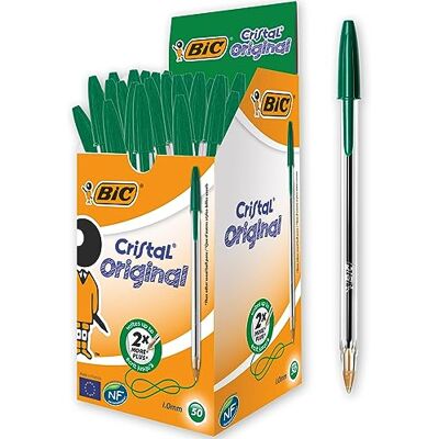 BIC Cristal Original Stylos-Bille Pointe Moyenne (1,0 mm) Parfait pour l'Ecole et au Bureau Vert, Boîte de 50 - Publicité BIC Cristal Original Stylos-Bille Pointe Moyenne (1,0 mm) Parfait pour l'Ecole et au Bureau Vert, Boîte de 50 - Publicité
