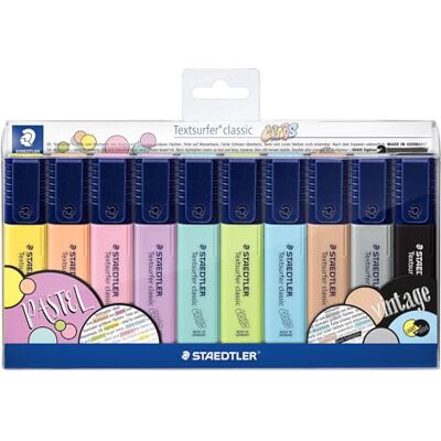 Staedtler Textsurfer Classic, Surligneurs de haute qualité aux couleurs pastel et vintage, Pointe ogive de 1 à 4 mm, Étui plastique avec 10 surligneurs pastel et vintage assortis, 364 CWP10 - Publicité Staedtler Textsurfer Classic, Surligneurs de haute qualité aux couleurs pastel et vintage, Pointe ogive de 1 à 4 mm, Étui plastique avec 10 surligneurs pastel et vintage assortis, 364 CWP10 - Publicité