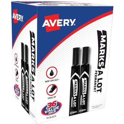 Avery Marks-A-Lot Lot de 36 marqueurs permanents noirs à pointe biseautée de style bureau parfaits pour les panneaux et les affiches (98206) - Publicité Avery Marks-A-Lot Lot de 36 marqueurs permanents noirs à pointe biseautée de style bureau parfaits pour les panneaux et les affiches (98206) - Publicité