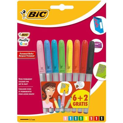 BIC Marking Marqueurs Permanents à Pointe Conique Moyenne Couleurs Assorties, Blister de 6+2 - Publicité BIC Marking Marqueurs Permanents à Pointe Conique Moyenne Couleurs Assorties, Blister de 6+2 - Publicité